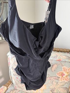 Black One-Shoulder Draped Women’s Swim One-Piece Cris’s Cross in Fromt. NWT.